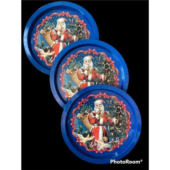 Vintage Set of 3 Santa Tin Trays - Picture 2 of 10